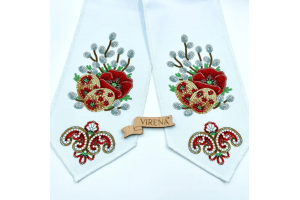 Заготовка для вишивки бісером великоднього банта на кошик "Маки, писанка та верба" БК_091 (з намистинами)