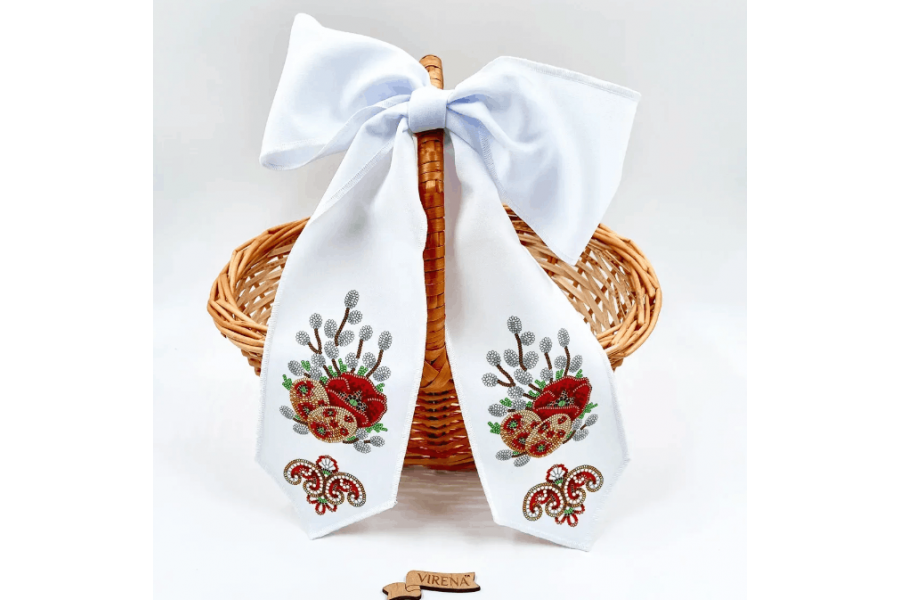 Заготовка для вишивки бісером великоднього банта на кошик "Маки, писанка та верба" БК_091 (з намистинами)