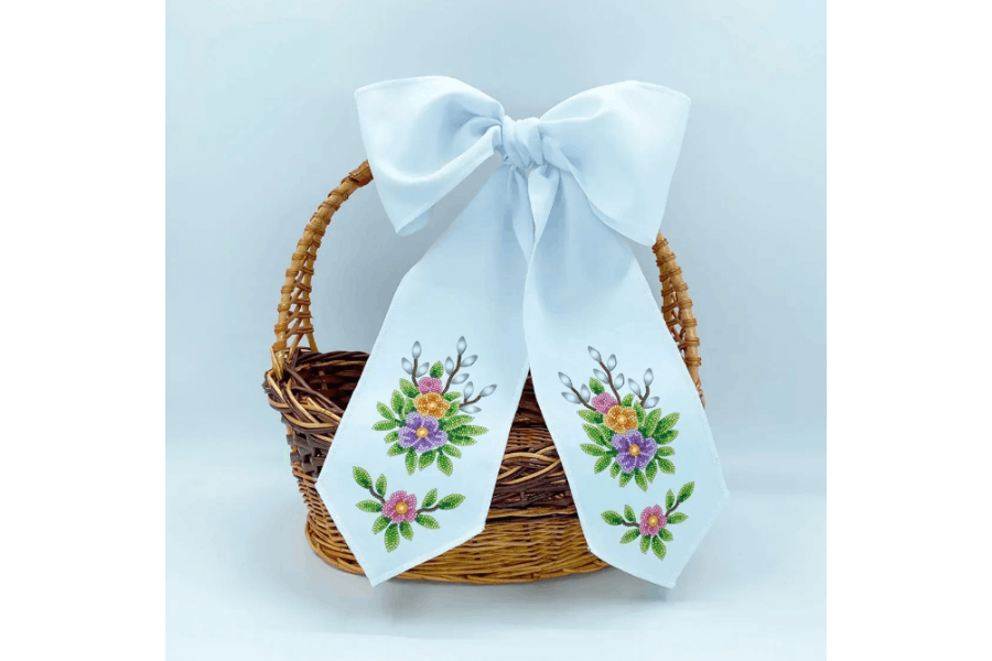 Заготовка для вишивки бісером великоднього банта на кошик "Квіти" БК_097 (з намистинами)